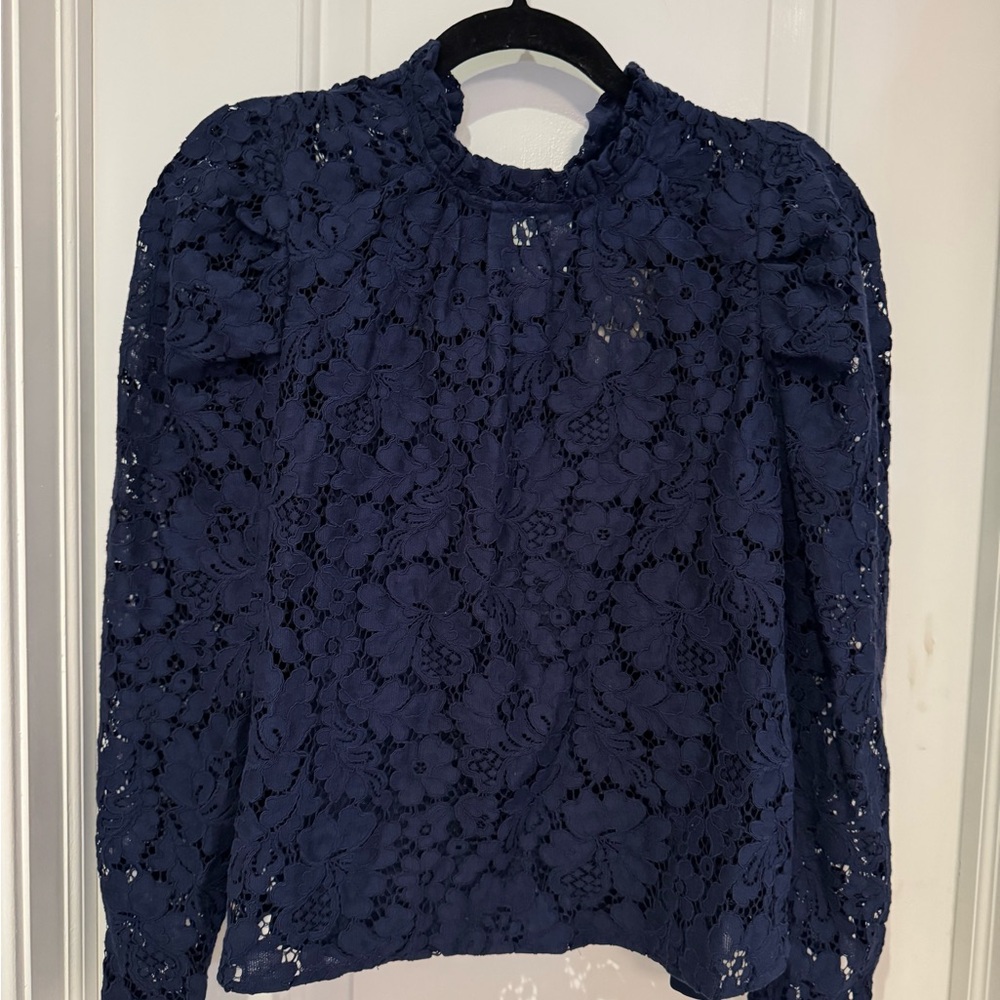 Express Navy Floral Lace High-Neck Blouse